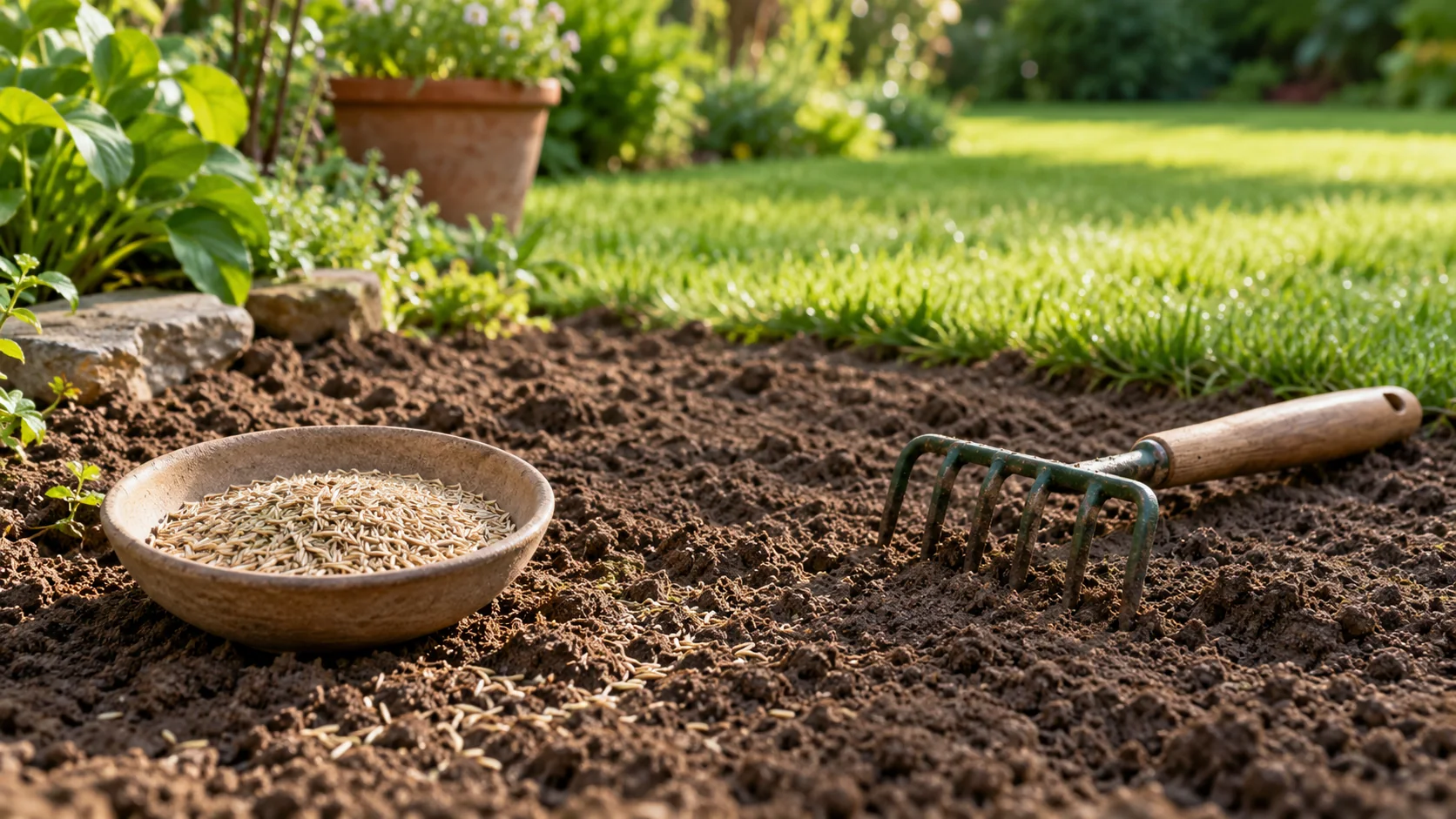 Symbolbild: vorbereitete Gartenerde, Saatgut und ein kleiner Handrechen