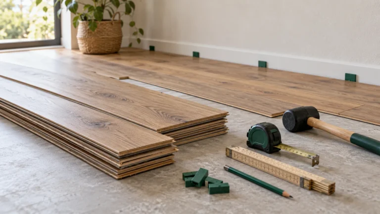 Symbolbild: Bodenplanken, Bandmaß und Gummihammer bei der Vorbereitung eines Bodenbelags