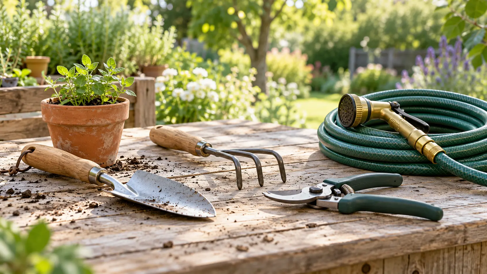 Symbolbild: Gartenwerkzeuge und Bewässerungsschlauch auf einer Holzfläche