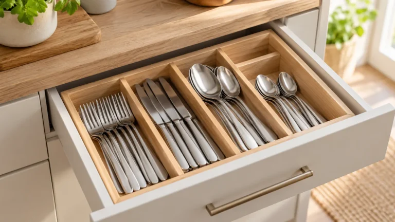 Symbolbild: Aufgeräumte Küchenschublade mit Besteck in einem schlichten Organizer