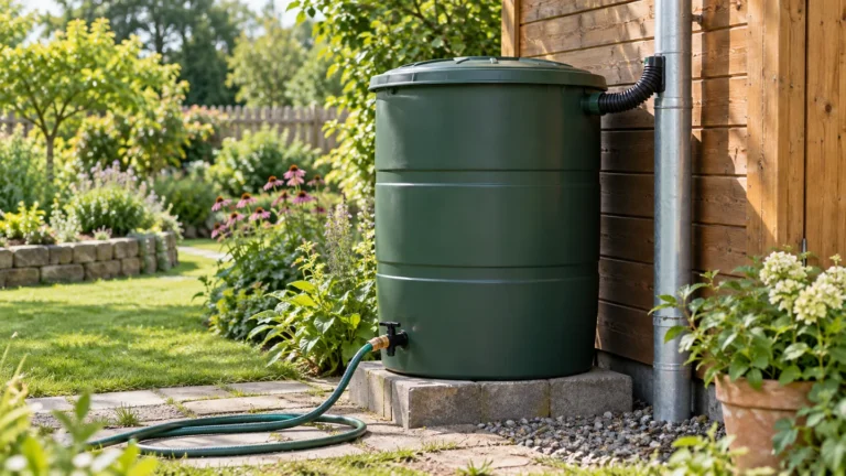 Symbolbild: Geschlossene Regenwassertonne mit Hahn und Gartenschlauch in einem grünen Garten